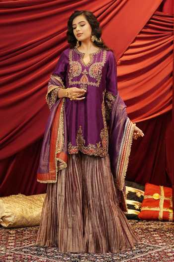 Nikunj By Niidhi Bajaj Sahiba Embroidered Silk Kurta & Sharara Set 