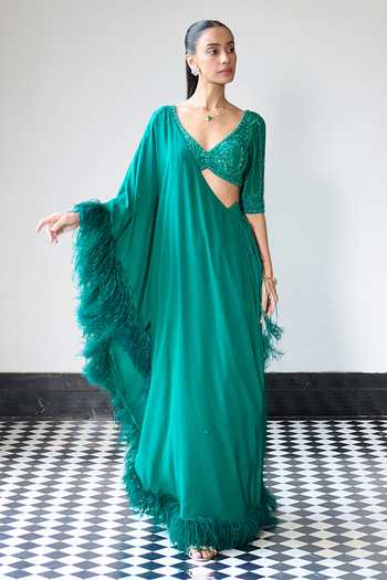 Ohaila Khan Hand Embroidered Blouse With Pre-Draped Saree 