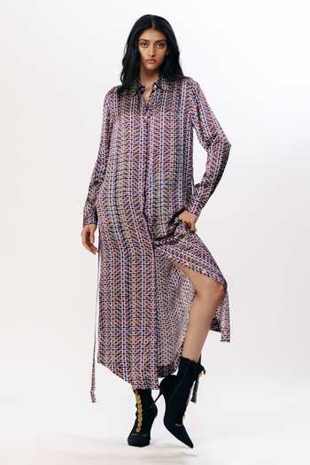 AK-OK Printed Silk Shirt Dress