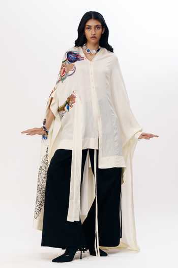 AK-OK Silk Asymmetric Embroidered Cape 