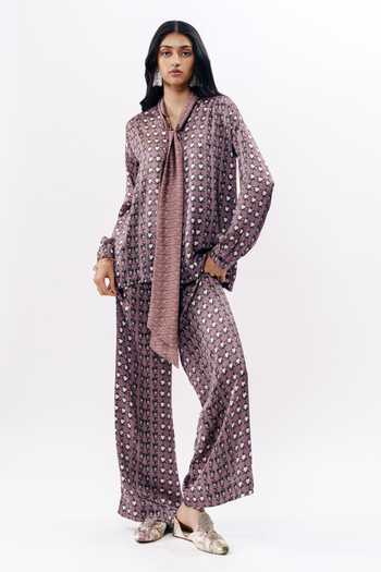 AK-OK Abstract Print Silk Shirt & Pyjama Set