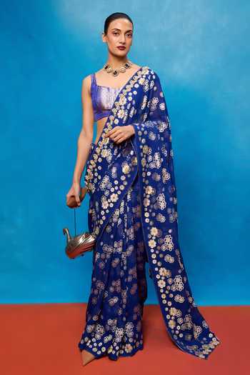 Ekaya Banaras Handwoven Blue Chiffon Banarasi Saree With Running Blouse 