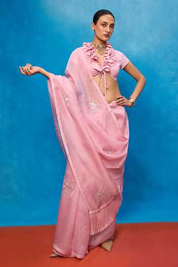 Ekaya Banaras Handwoven Pink Kora Banarasi Saree With Running Blouse 