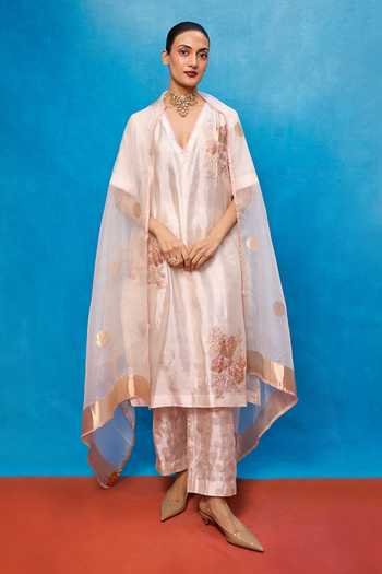 Ekaya Banaras Handwoven Off White Silk Banarasi Kurta Set 