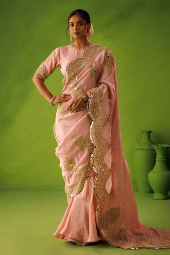 Kisakshi Jaipur Mirror Embroidered Tissue Silk Saree & Blouse Set 