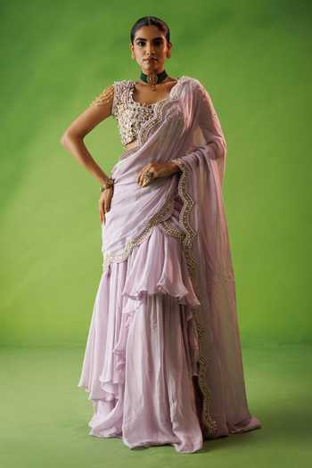 Kisakshi Jaipur Pre-Draped Ruffle Saree & Embroidered Blouse Set 