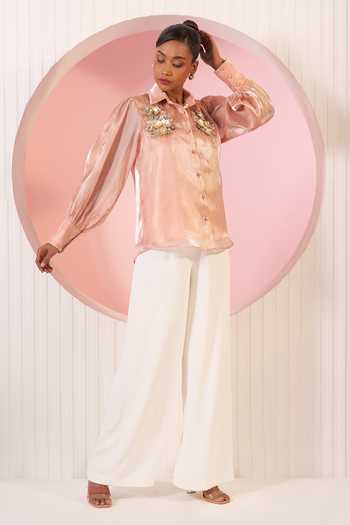 BAHAARA BY DIVYA NARULA Apricot Peach Sheer Organza Shirt & Pant Set 
