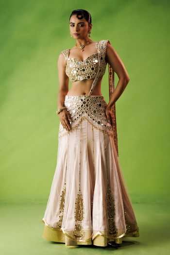 Kisakshi Jaipur Mirror Embroidered Pre-Draped Saree Set 