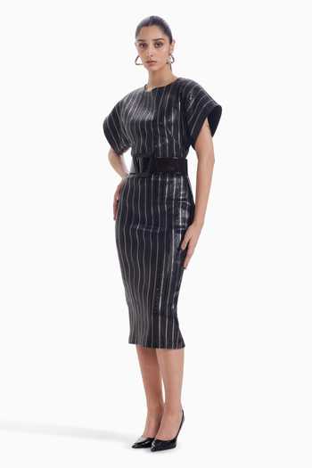 Sameer Madan Faux Fame Pinstriped Luxury Jersey Dress