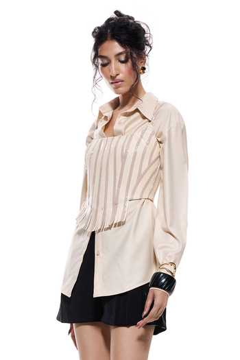 Sameer Madan Deusa Dust Striped Fringe Luxury Crepe Corset Top 