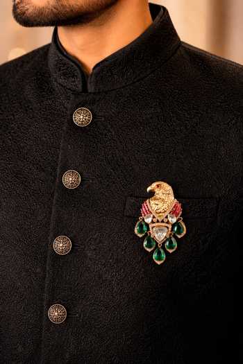Prestones Matte Gold-Plated Polki Brooch with Emerald Drops