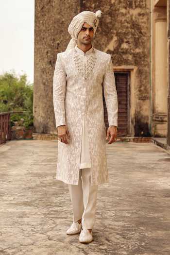 AMIT BEHKI Hand Embroidery Raw Silk Achkan Set 