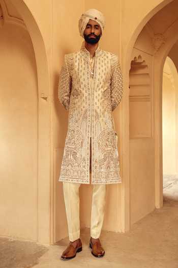 AMIT BEHKI Hand Embroidered Raw Silk Achkan Set 