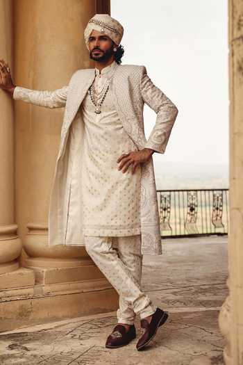 AMIT BEHKI Hand Embroidered Raw Silk Achkan Set 