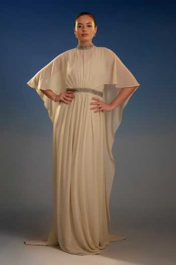 Bling Empire Ivory Embellished Cape Sleeve Maxi Dress 