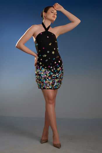 Bling Empire Black Sequin Halter Mini Dress 