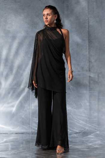 Kalighata Pret Asymmetric Draped Overlay Jacket Set 