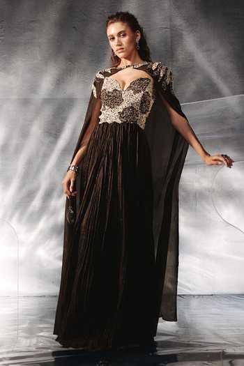 Kalighata Pret Crushed Crepe Gown With Cape 