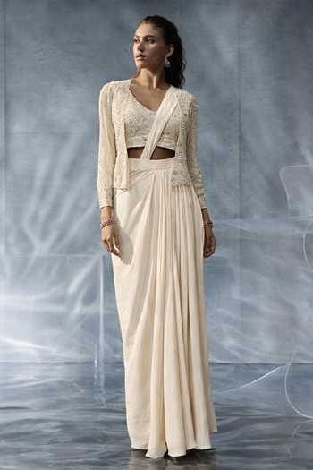 Kalighata Pret Pre-Draped Saree Set With Organza Jacket 