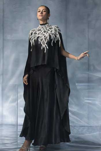Kalighata Pret Black Satin Cape Set 
