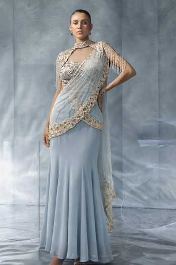 Kalighata Pret Net Pre-Draped Saree Set With Cape 