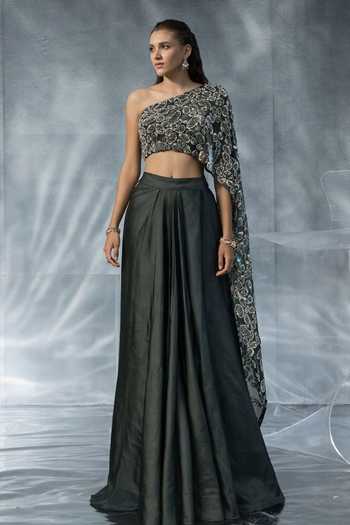 Kalighata Pret Embroidered Cape Blouse & Draped Skirt Set
