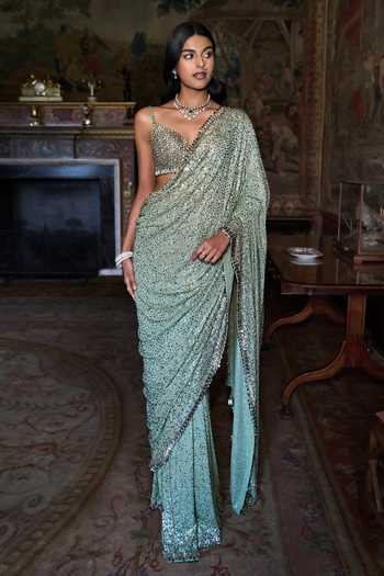 Seema Gujral Moss Green Sequin Saree With Blouse