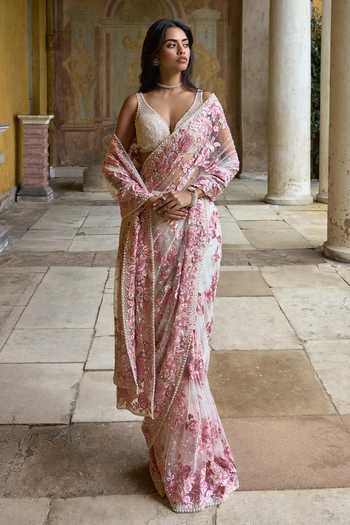 Seema Gujral Pastel Pink Thread Work Saree With Blouse