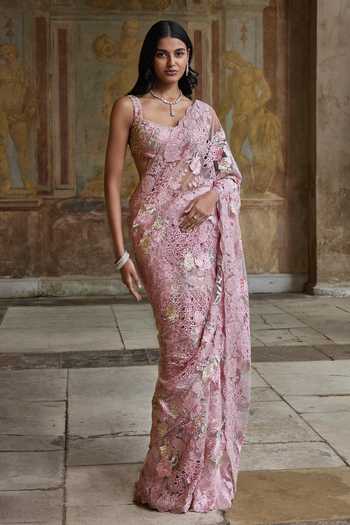 Seema Gujral Dusty Pink Thread Work Saree With Blouse
