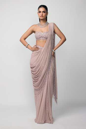 Vvani by vani vats Pre-Draped Mirror Work Saree With Blouse 