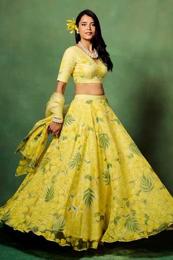 Meghstudio Yellow Swarna Hand Painted Lehenga Set 