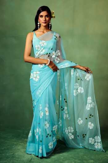 Meghstudio Blue Dogwood Chiffon Saree With Unstitched Blouse Piece