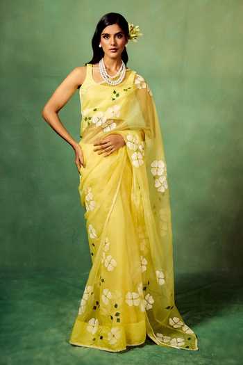 Meghstudio Dogwood Floral Painted Saree With Unstitched Blouse Piece 