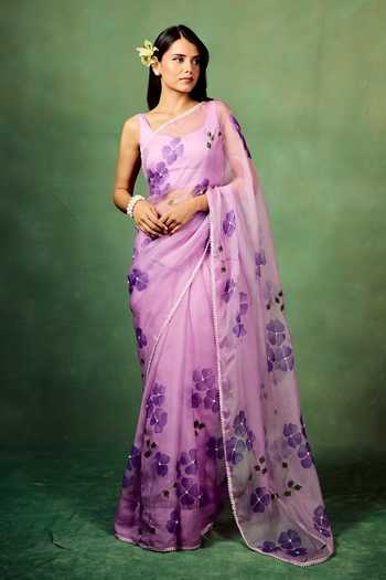 Meghstudio Dogwood Hand Painted Saree With Unstitched Blouse Piece 