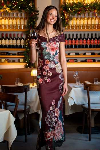 RANNA GILL Glen Floral Print Off-Shoulder Gown 