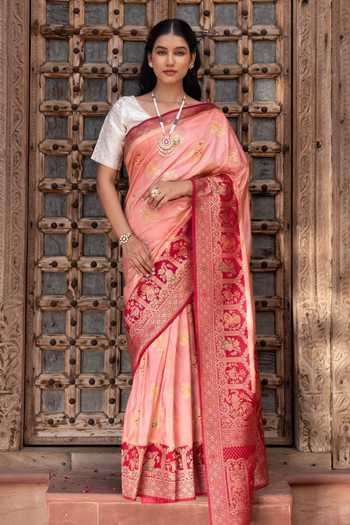 Zal From Benaras Banarasi Handloom Saree With Unstitched Blouse Fabric 