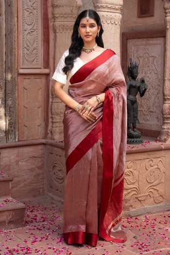Zal From Benaras Maroon Pure Tissue Silk Saree With Unstitched Blouse Piece 