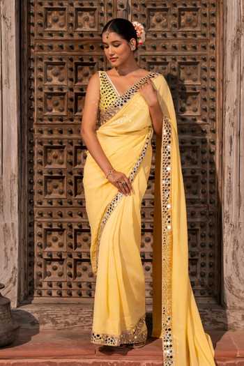 Zal From Benaras Mirror Border Saree With Unstitched Blouse Fabric 