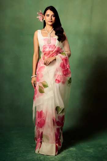 Meghstudio Flora Hand Painted Saree With Unstitched Blouse Piece 