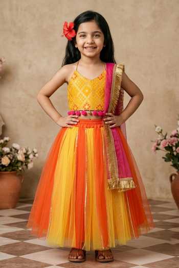 Byb Premium Chanderi Embroidered Halter Neck Choli & Lehenga Set 