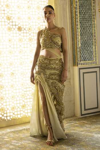 Moledro Aurea One Shoulder Embroidered Blouse & Skirt Set 