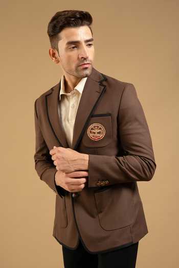 Gargee Designers Brown Cotton Contrast Piped Crest Blazer 