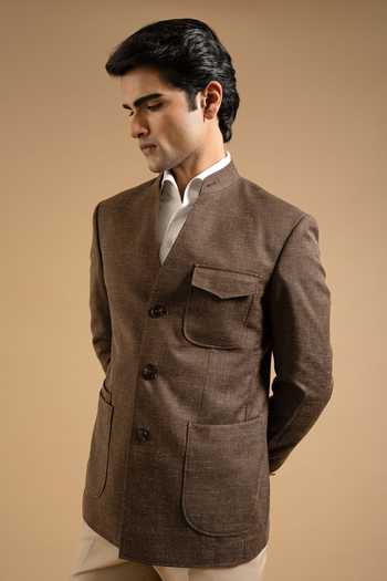 Gargee Designers Brown V Neck Textured Bandhgala 
