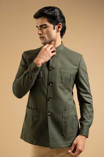 Gargee Designers Olive Cotton Patch Pocket Bandhgala 