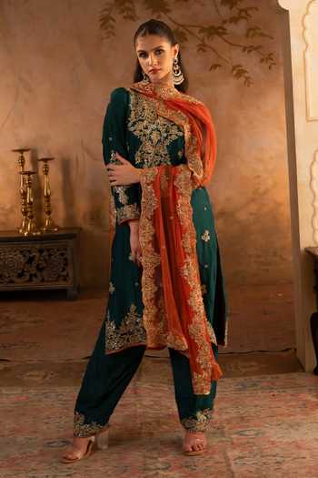 ANGAD SINGH Bottle Green Silk Embroidered Kurta Set 