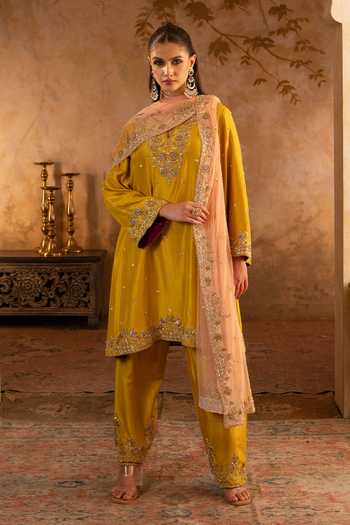 ANGAD SINGH Mustard Silk Embroidered Kurta Set 