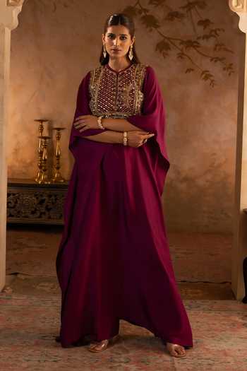Angad Singh Crimson Silk Embroidered Kaftan Dress 