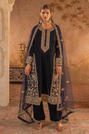 Angad Singh Navy Blue Velvet Embroidered Kurta Set 