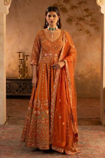 Angad Singh Rust Raw Silk Anarkali With Dupatta 