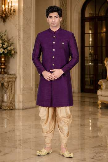 Jhambthreads Silk Sherwani Jacket & Peshawari Pant Set 